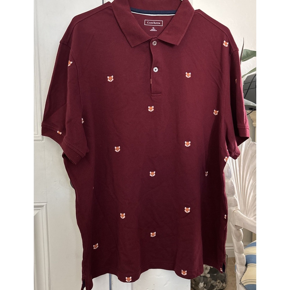 Club Room ALL OVER Fox Print "golf" Polo Shirt Mens XL Burgundy Cotton Blend
